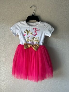 Beautiful Girls My 3rd Birthday Gold White Pink Party Dress Sz 3 Glitter Party